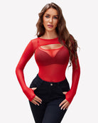 Sheer long-sleeve mesh bodysuit with cutout chest, long sleeves, red