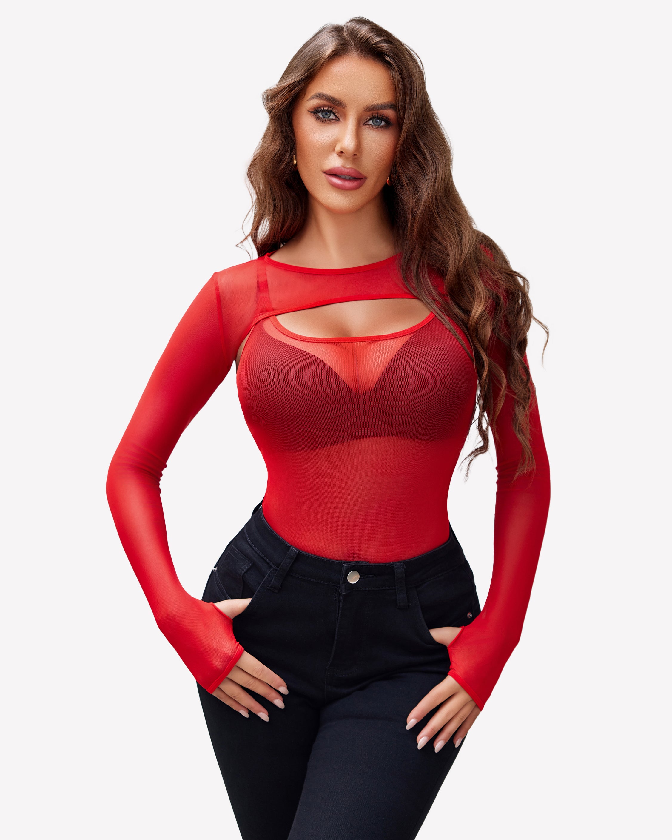 Sheer long-sleeve mesh bodysuit with cutout chest, long sleeves, red