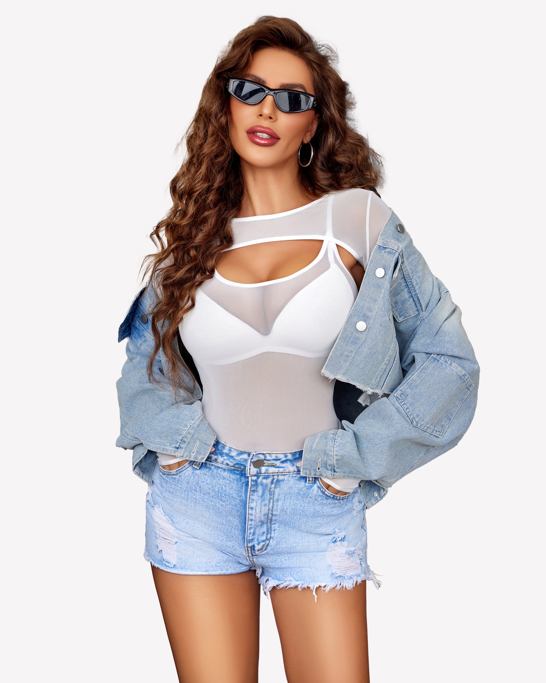 Sheer long-sleeve mesh bodysuit with chest cutout, white