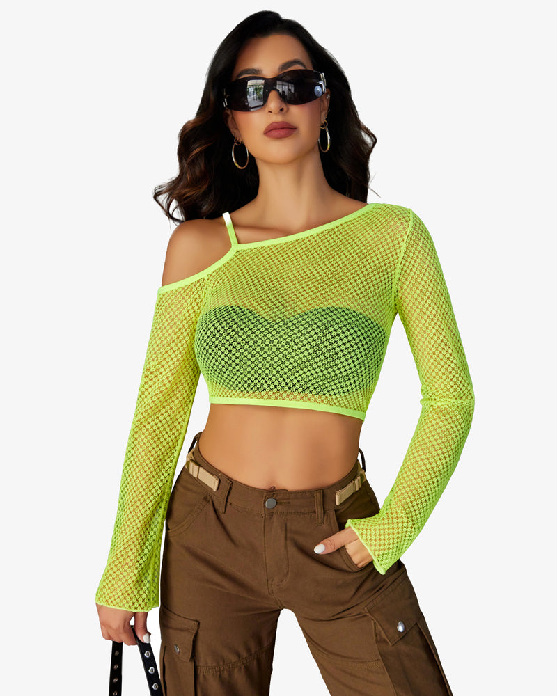 Neon green long-sleeve fishnet crop top with one-shoulder cut and underbust band