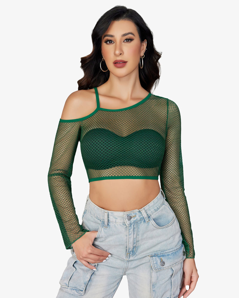 Green long-sleeve fishnet crop top with shoulder cutouts and heart-shaped chest panel