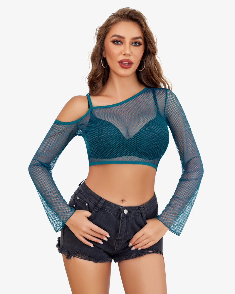 Teal long-sleeve fishnet crop top with wide neckline and heart-shaped chest panel