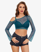 Teal long-sleeve fishnet crop top with wide neckline and heart-shaped chest panel