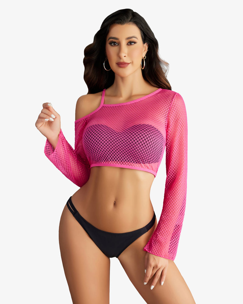 Hot pink long-sleeve fishnet crop top with heart-shaped chest and wide strap neckline