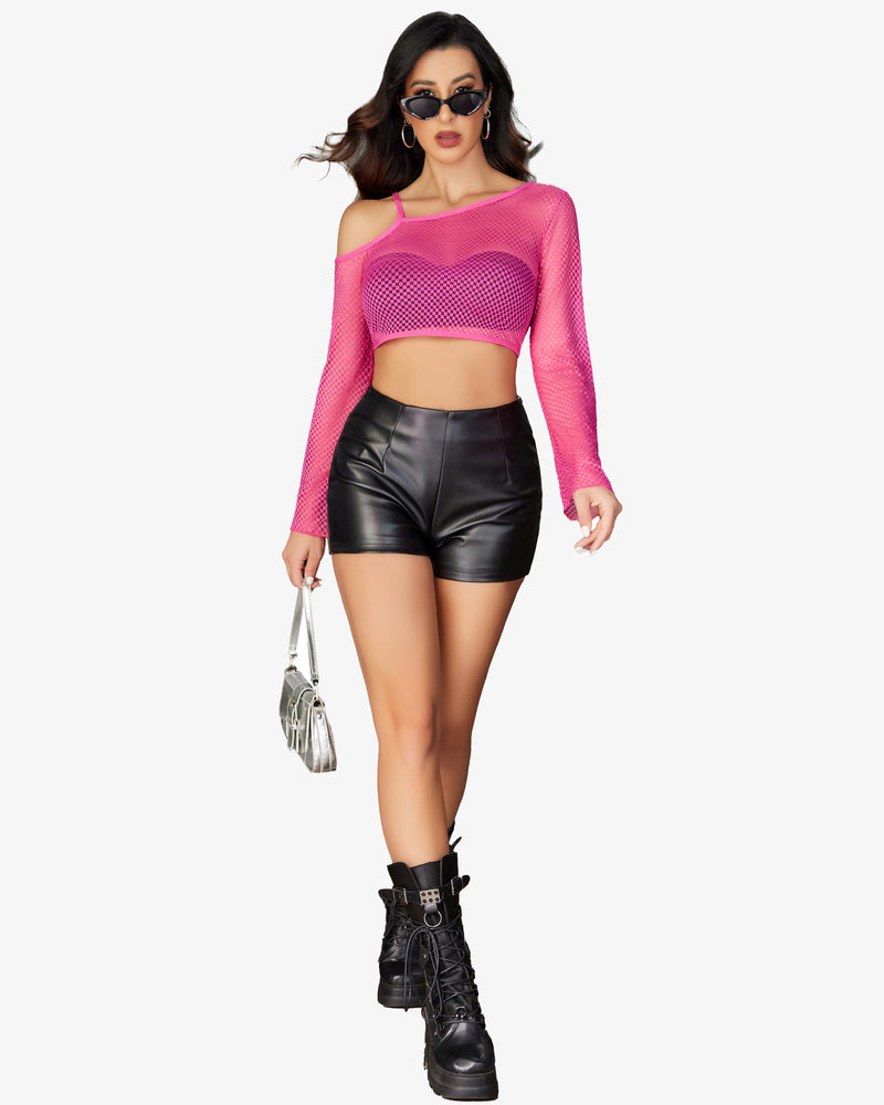 Pink long-sleeve fishnet crop top with heart-shaped bust panel and wide neckline
