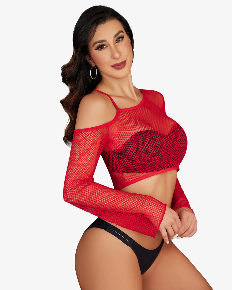 Red long-sleeve fishnet crop top with shoulder cutouts and heart-shaped chest panel