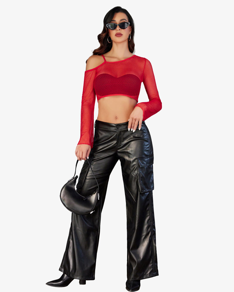 Red long-sleeve fishnet crop top with heart-shaped chest panel and single-strap neckline