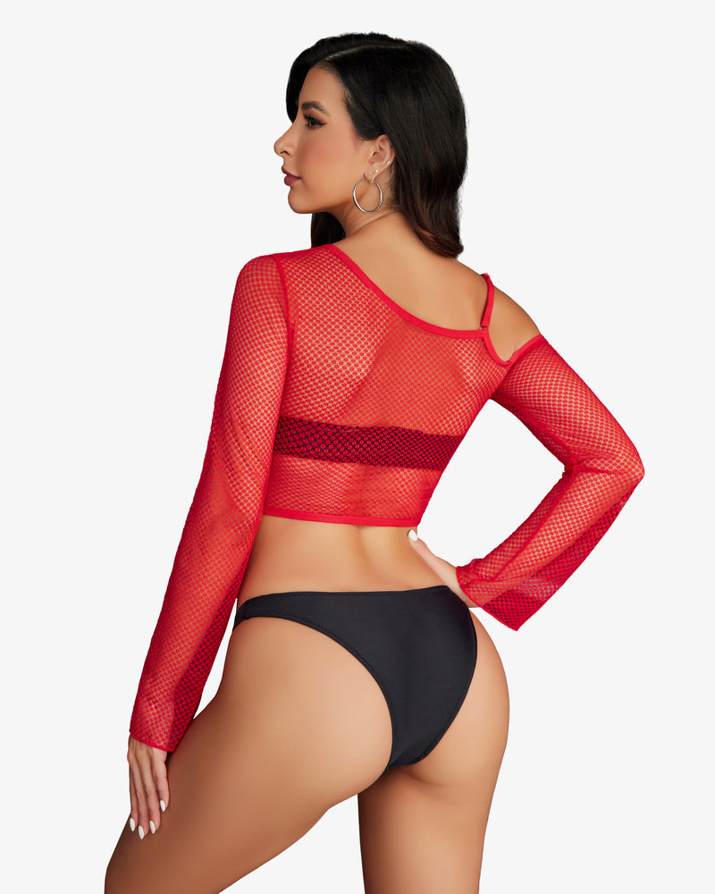 Red long-sleeve fishnet back crop top with open neckline and panel design