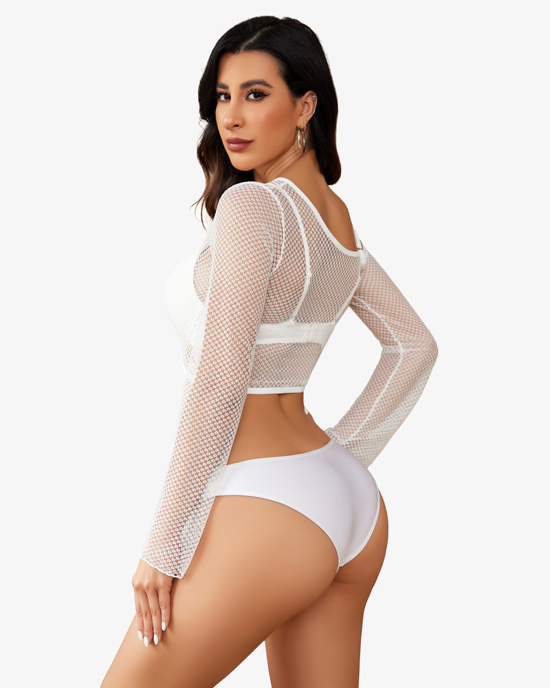 White long-sleeve fishnet crop top with contrast underbust band and mesh sleeves