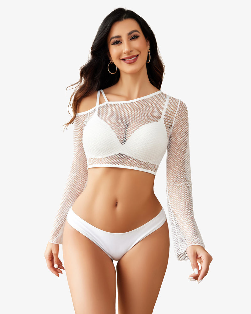 White long-sleeve fishnet crop top with off-shoulder neckline and square strap detailing