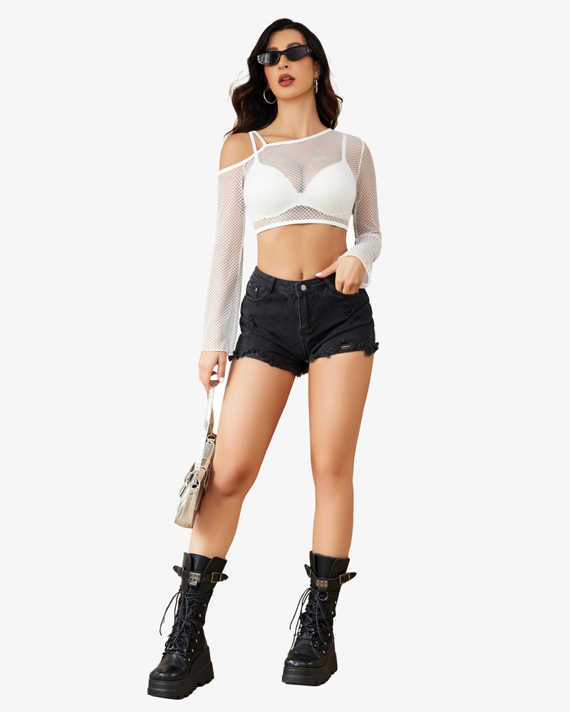 White long-sleeve fishnet crop top with thin straps and mesh long sleeves