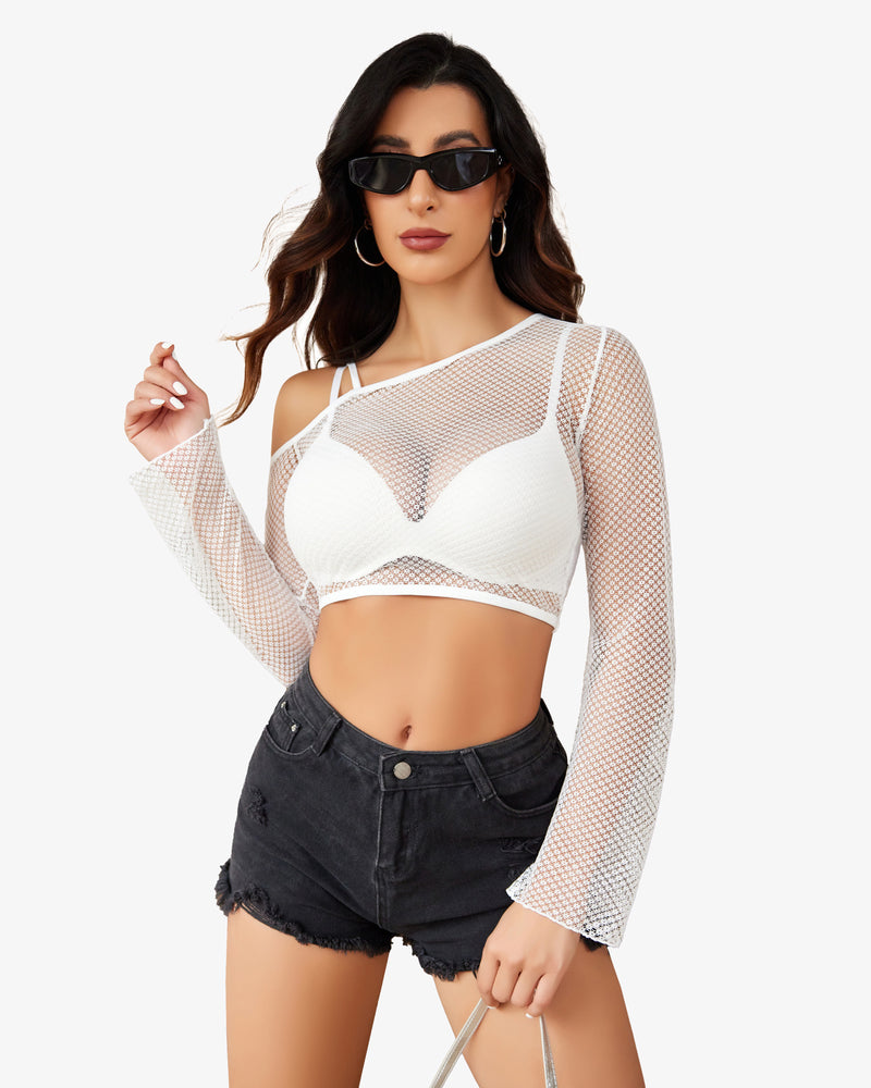 White long-sleeve fishnet crop top with heart-shaped bust and open single-strap neckline