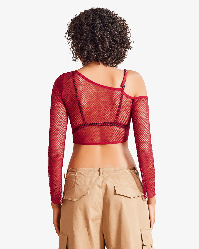 Long sleeve fishnet crop top with cutout bra cups, red mesh, open-back straps