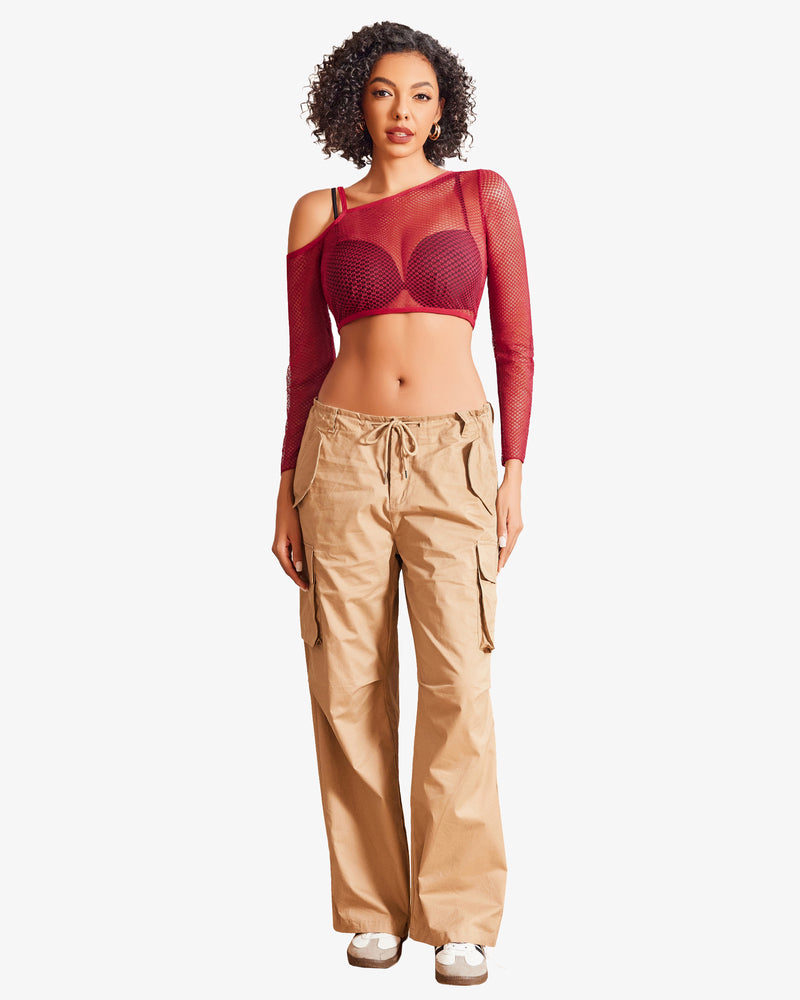 Long sleeve fishnet crop top with cutout bra cups, red mesh, one-shoulder cutout