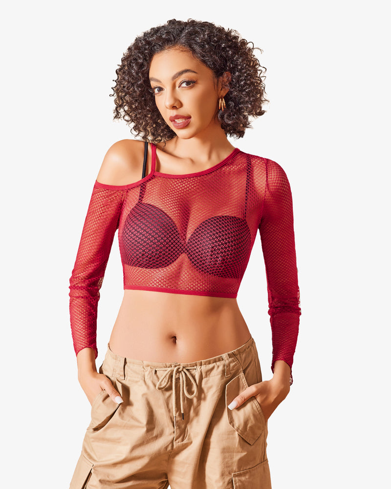 Long sleeve fishnet crop top with cutout bra cups, red mesh