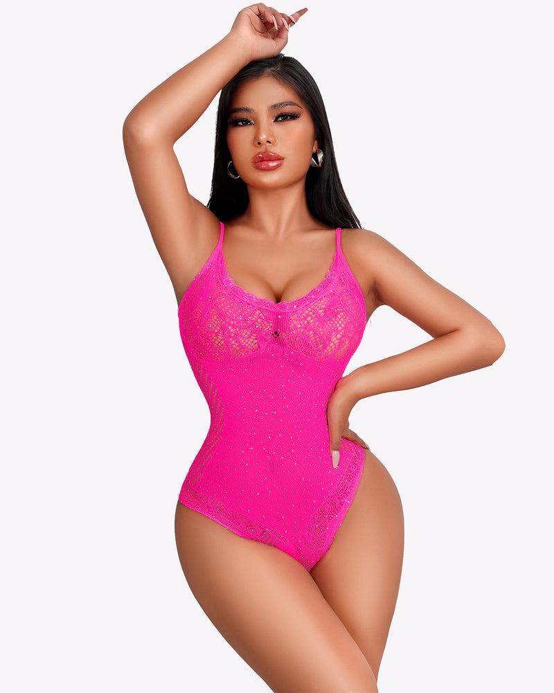 Pink fishnet rhinestone sparkle bodysuit with thin straps and scalloped bust detail