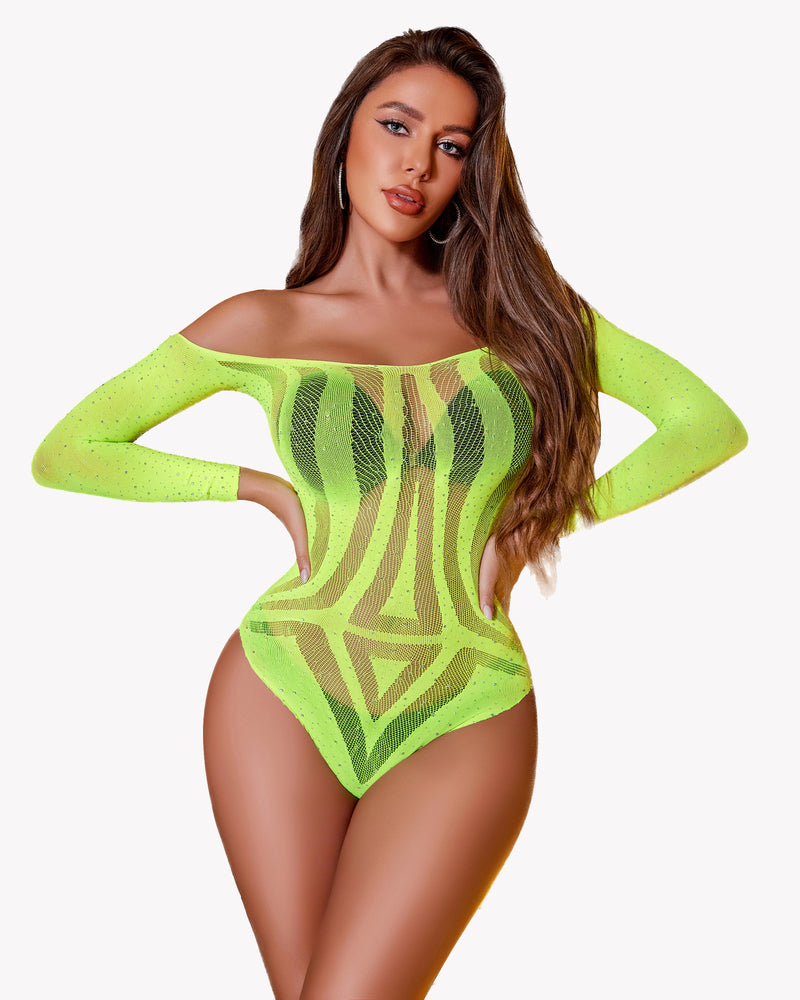 Fluorescent yellow fishnet rhinestone bodysuit, off-shoulder long sleeves, stripe pattern