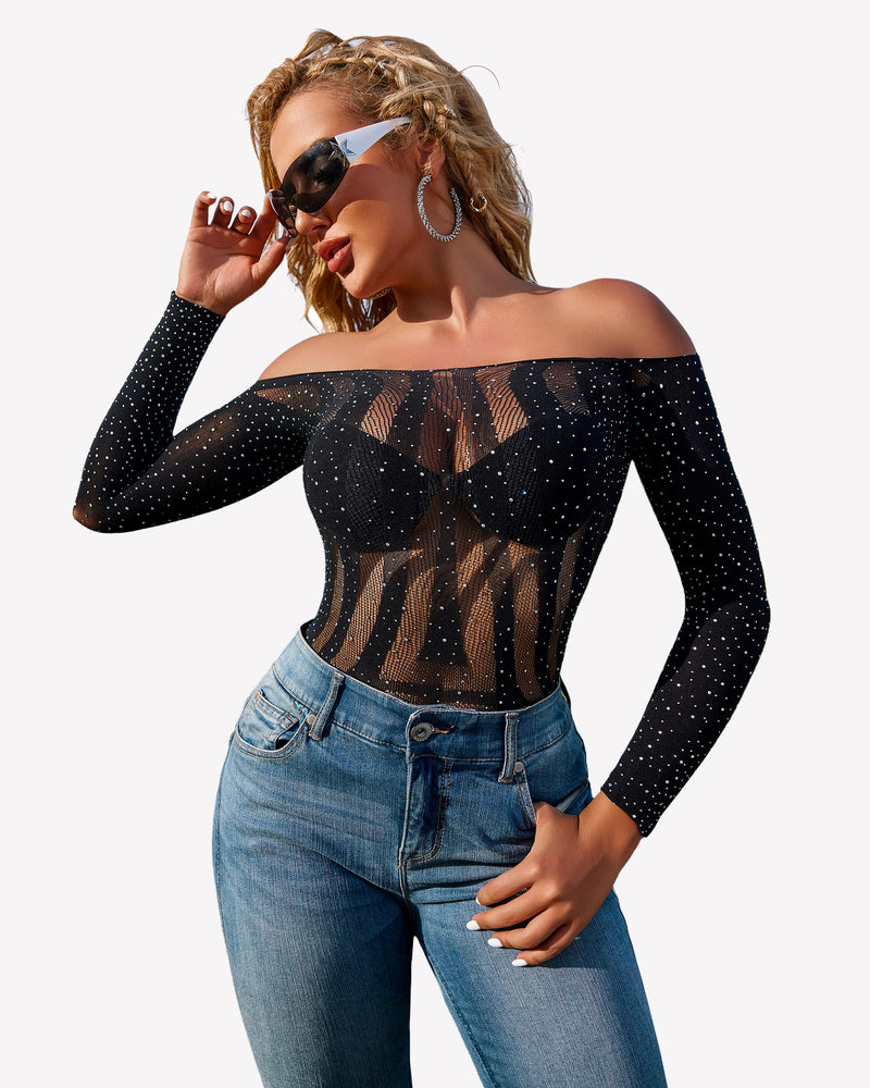 Black fishnet rhinestone bodysuit, off-shoulder long sleeves, see-through stripes