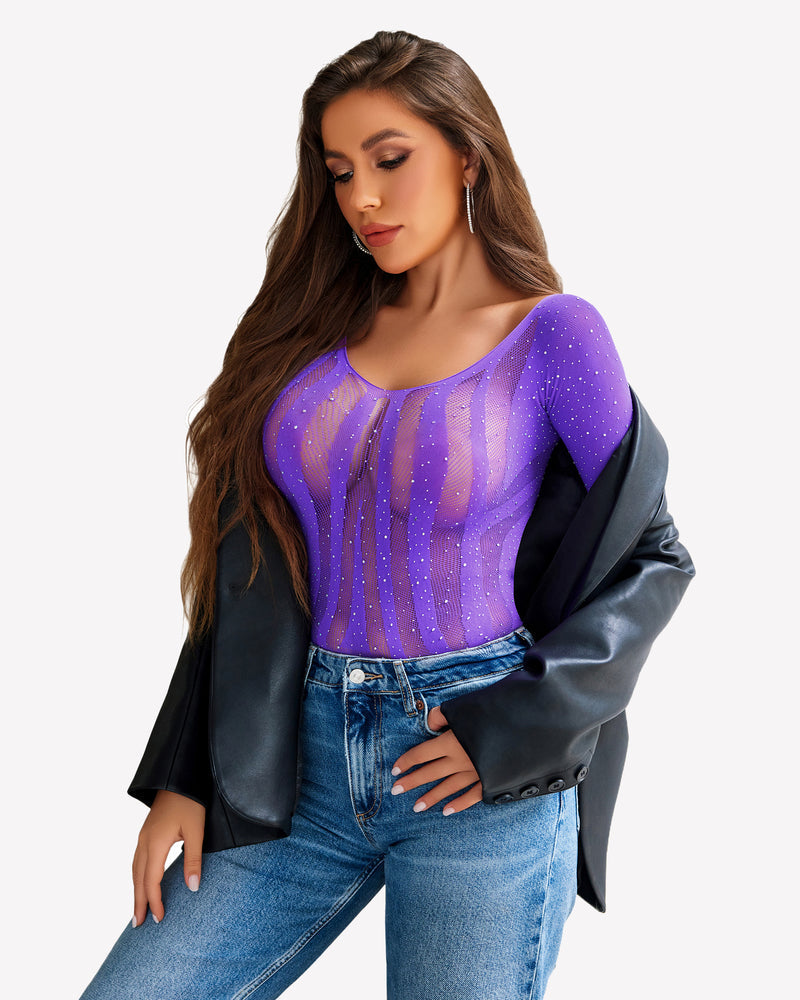 Purple fishnet rhinestone bodysuit, long sleeves, off-shoulder neckline, see-through