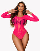Pink rhinestone fishnet bodysuit with long sleeves and off-shoulder neckline