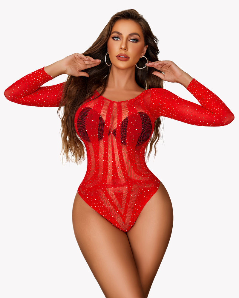 Red rhinestone fishnet bodysuit with long sleeves and off-shoulder neckline