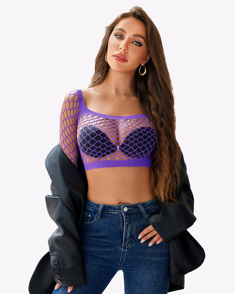 Purple fishnet mesh 2-piece lingerie set with long sleeves and cropped bra top