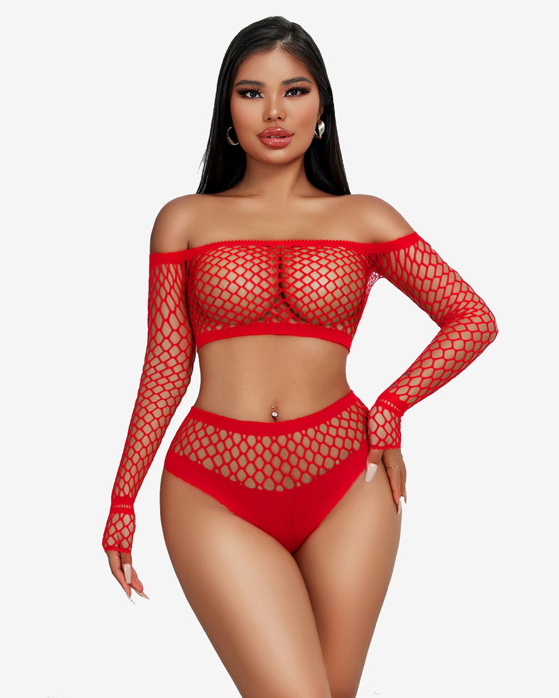 Red fishnet mesh lingerie set with bandeau-style crop top and matching high-cut briefs