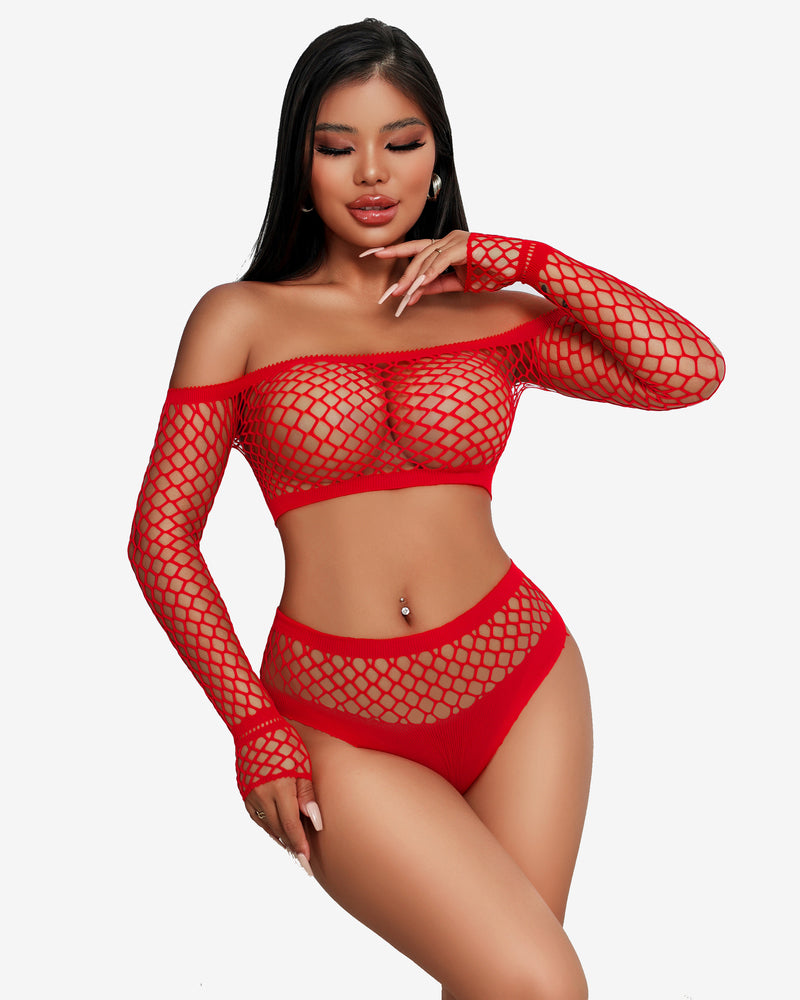 Red fishnet mesh 2-piece lingerie set with off-shoulder crop top and high-cut bottoms