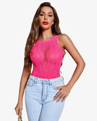 Pink rhinestone teddy bodysuit with scoop neckline and sheer sparkling panels