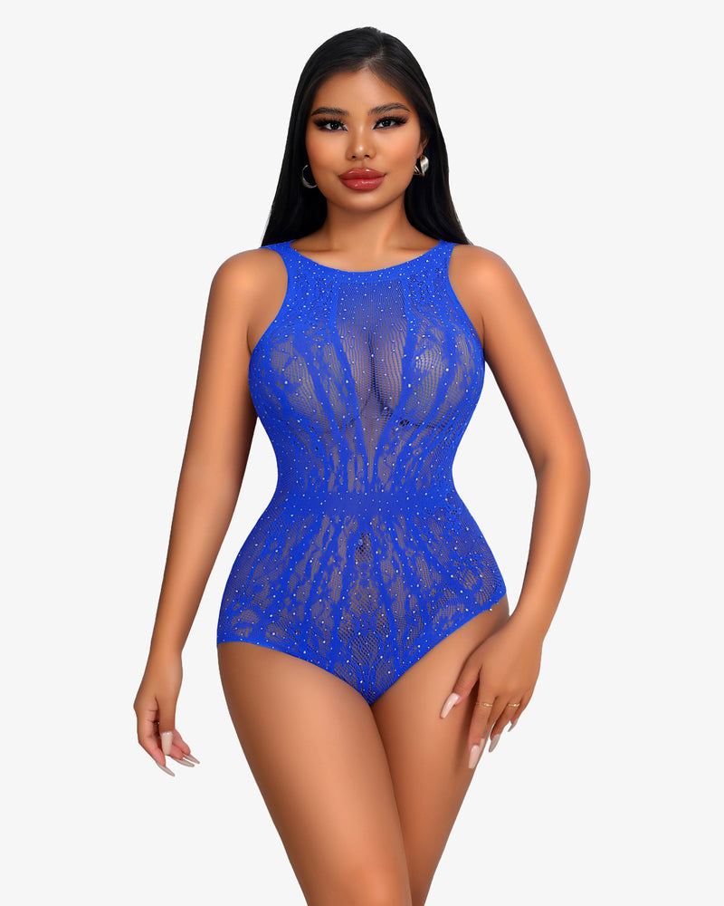 Blue rhinestone teddy bodysuit with sleeveless scoop neckline and glitter mesh front