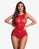 Red rhinestone teddy lingerie with high neckline and glittering sheer front