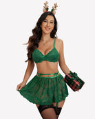 Green underwire lace garter lingerie set with layered tulle skirt and lace stockings