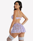 Lilac lace lingerie set with underwire bra, garter straps, lace skirt, and garters