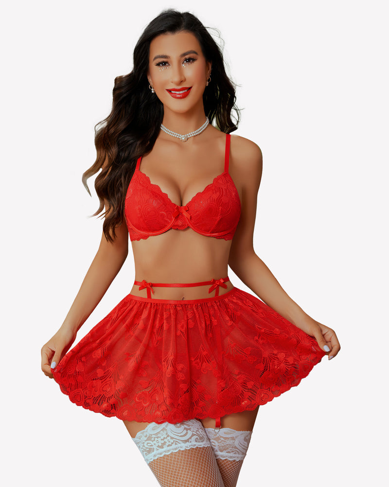 Red lace underwire bra, garter belt, and flared lace skirt with thigh-high stockings