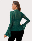 Green rhinestone mesh top with long flared sleeves and glitter dot detailing