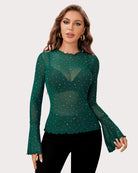 Green rhinestone mesh top with long flared sleeves, V-neck, and scalloped edges