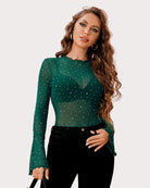 Green rhinestone mesh top with long flared sleeves and V-neck glitter dot pattern