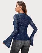 Navy rhinestone mesh top back with long flared sleeves and glitter dot detailing
