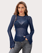 Navy rhinestone mesh top with long flared sleeves and V-neck, dotted sparkle