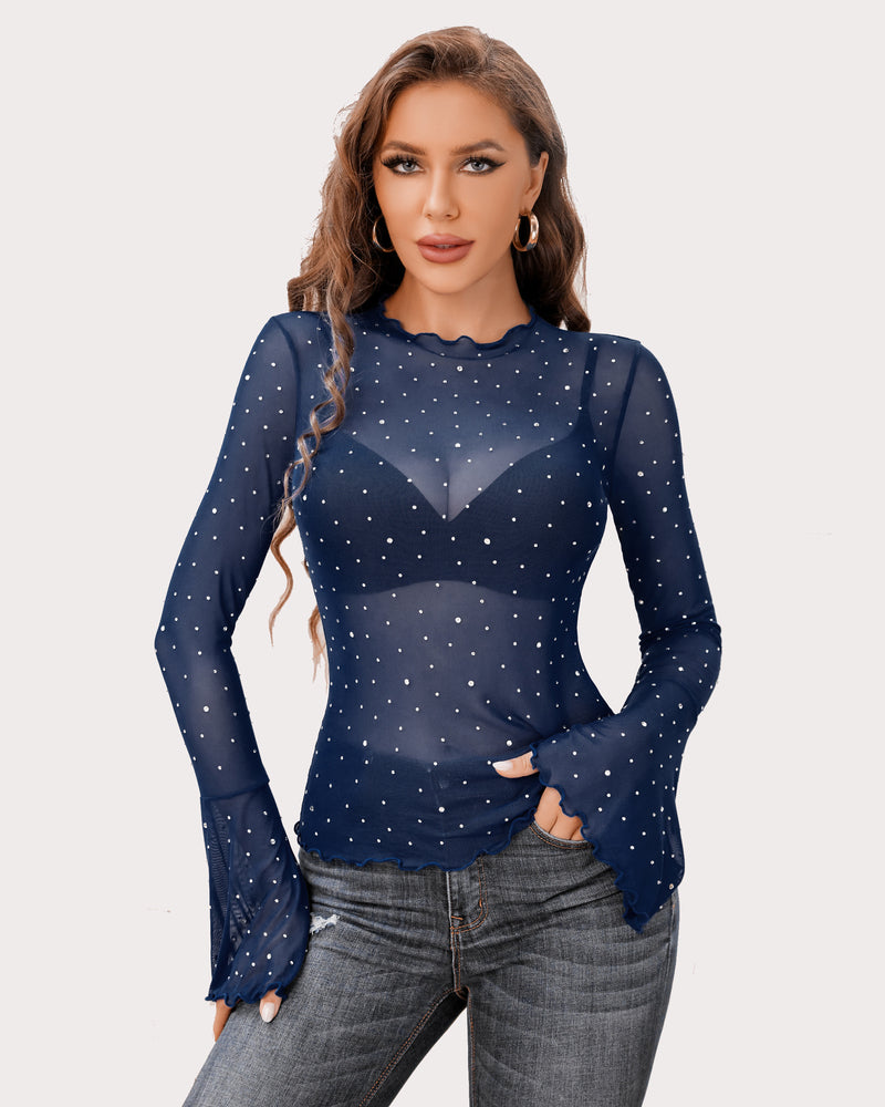 Navy rhinestone mesh top with long flared sleeves and V-neck, dotted sparkle