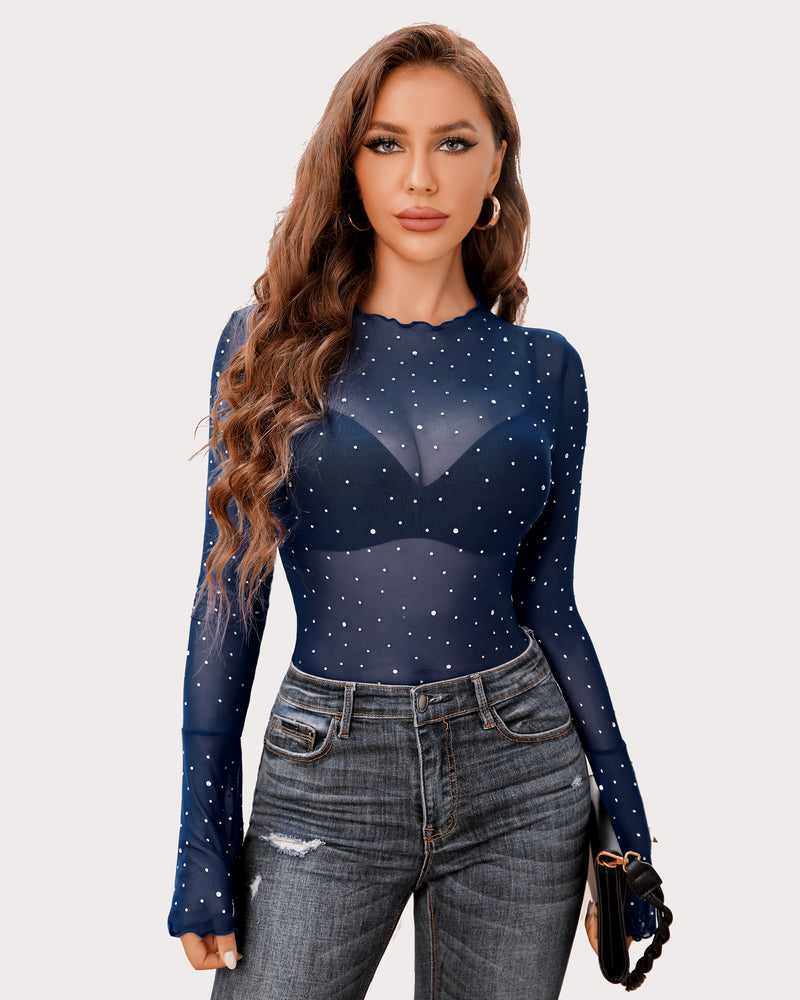 Navy rhinestone mesh top with long sleeves and V-neck, dotted sparkle