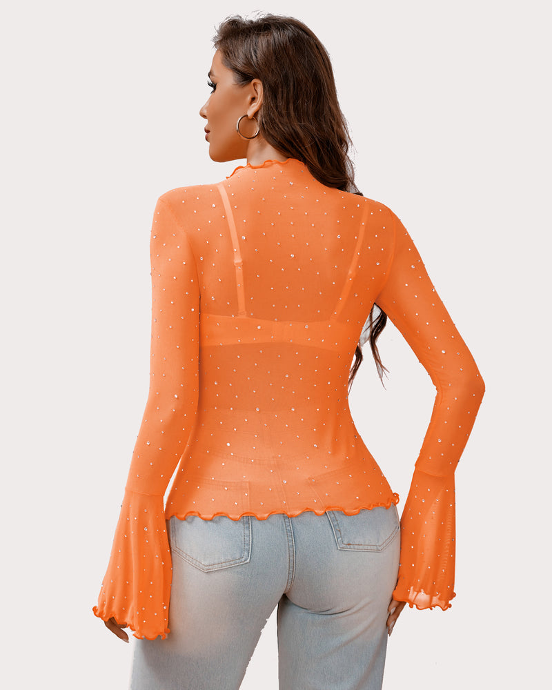 Orange rhinestone mesh top with long sleeves, flared cuffs, and scalloped hem