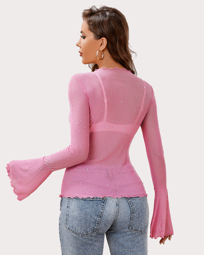 Pink rhinestone mesh top from back view, long flared sleeves and scalloped hem