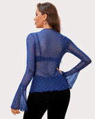 Blue rhinestone mesh top, back view, long flared sleeves and scalloped hem