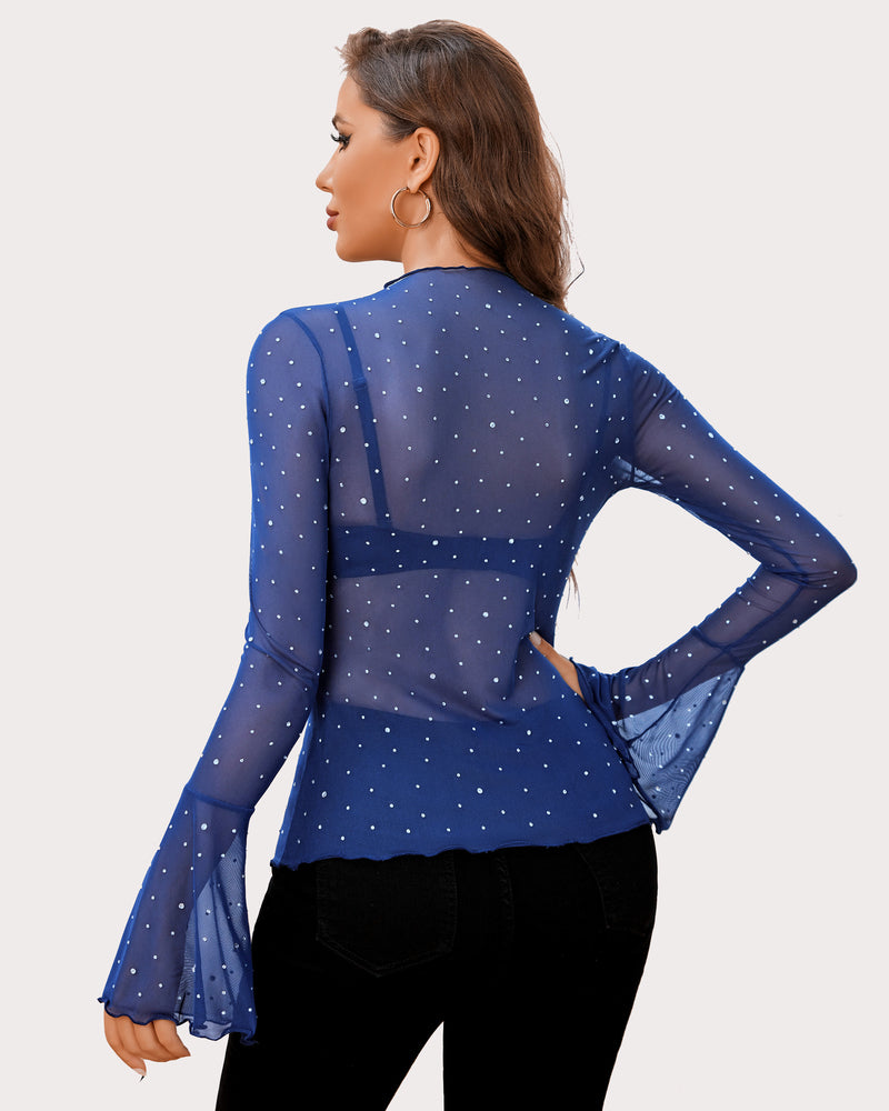 Blue rhinestone mesh top, back view, long flared sleeves and scalloped hem