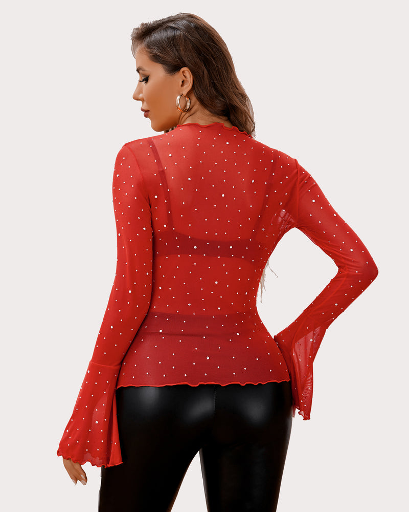 Red rhinestone mesh top, back view, long flared sleeves and scalloped hem