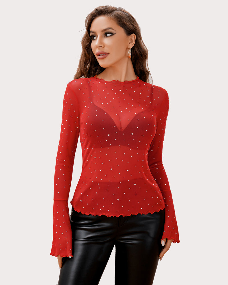 Red rhinestone mesh top with long flared sleeves and scalloped hem detail