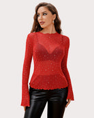 Red rhinestone mesh top with long flared sleeves and scalloped hem detail