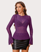 Purple rhinestone mesh top with long flared sleeves and V-shaped bust panel