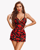 Black red rose chemise with V-neck, thin straps, and ruffled skirt